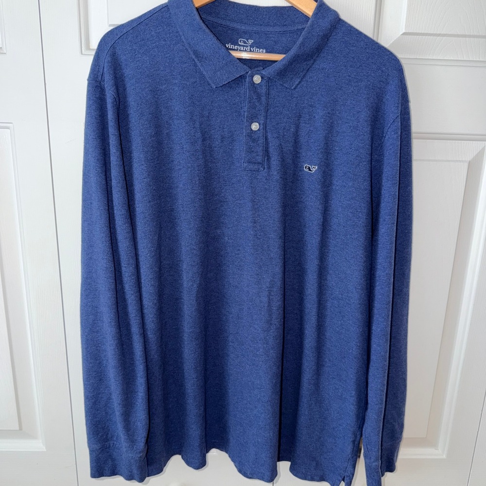 Vineyard Vines Mens XL Blue Heather Long Sleeve Cotton Spandex Polo Shirt Logo